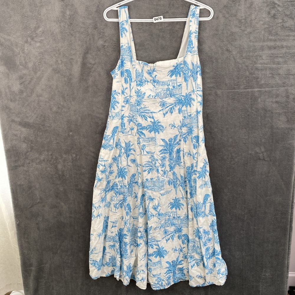Joie Blue White Palm Tree Print Linen Blend Square Neck Midi Dress US 12 Resort